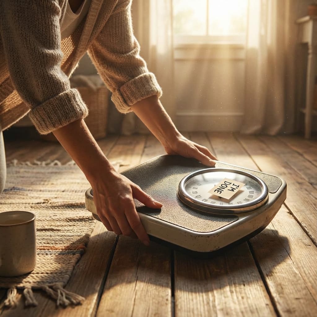 Woman sitting on edge of bed in morning light, reflecting on her journey